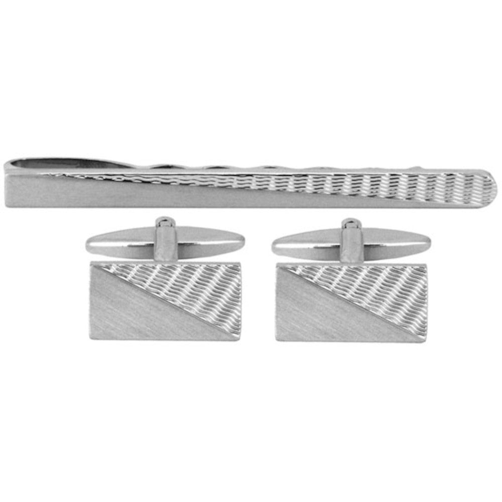 Brushed Engine - Turned Cufflink & Tie Slide Set