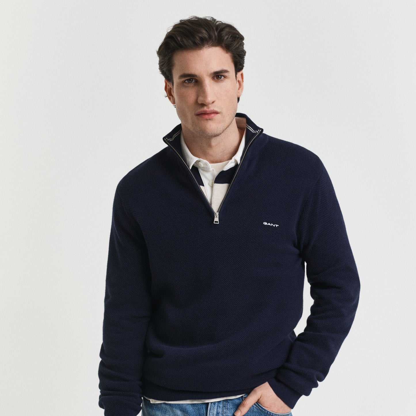 Gant 8040523 433 Evening Blue Cotton Pique Half Zip