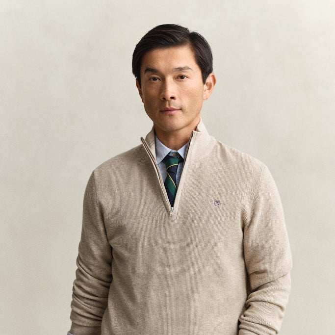 Gant 8030292 198 Micro Textured Cotton Oat Melange Half Zip