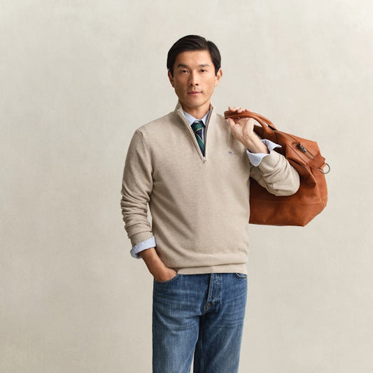 Gant 8030292 198 Micro Textured Cotton Oat Melange Half Zip