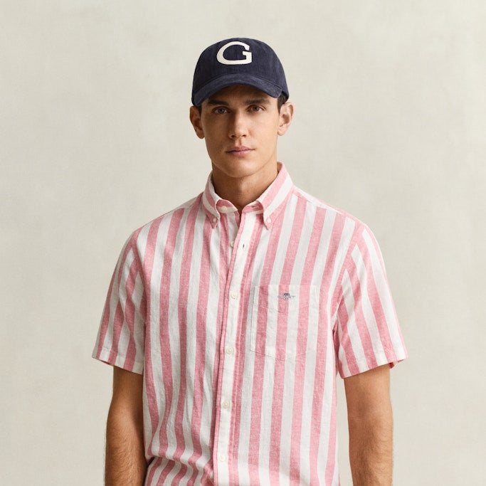Gant 3260020 622 Reg Cotton Linen Stripe SS Rose Pink Shirt