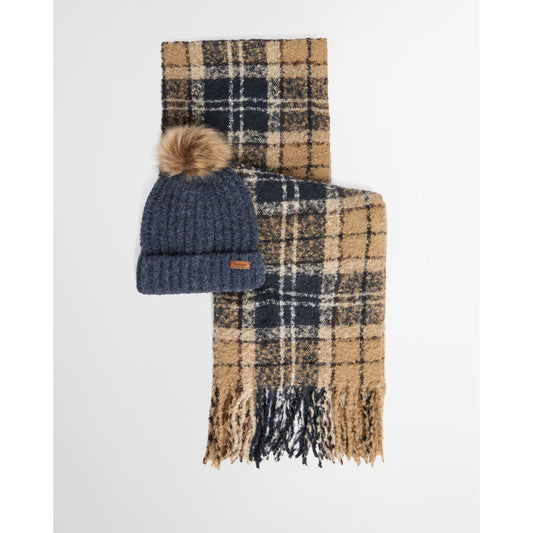 Barbour Saltburn Birchwood Beanie & Tartan Scarf Gift Set