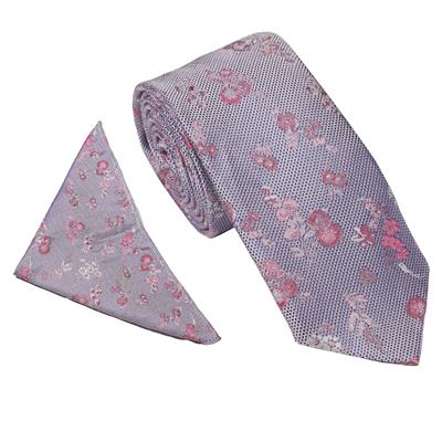 Wallace Wide Floral Silver Pink Tie & Hankerchief Set