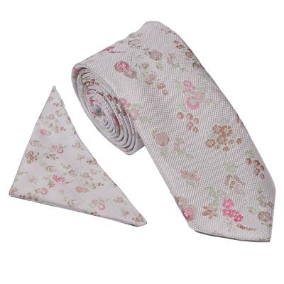 Wallace Wide Floral Champagne Pink Tie & Hankerchief Set