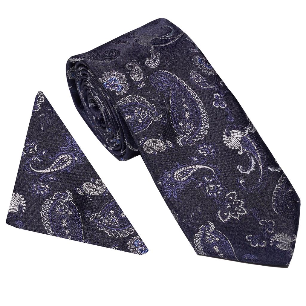 Wallace Strong Paisley Dark Navy Tie & Hankerchief Set