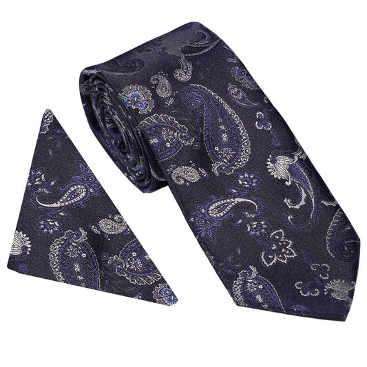 Wallace Strong Paisley Dark Navy Tie & Hankerchief Set