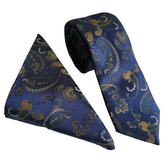 Wallace Strong Paisley Navy/Green Tie & Hankerchief Set