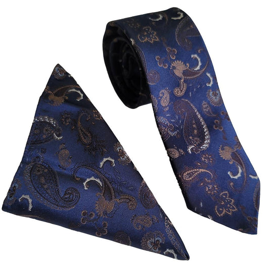 Wallace Strong Paisley Navy/Brown Tie & Hankerchief Set