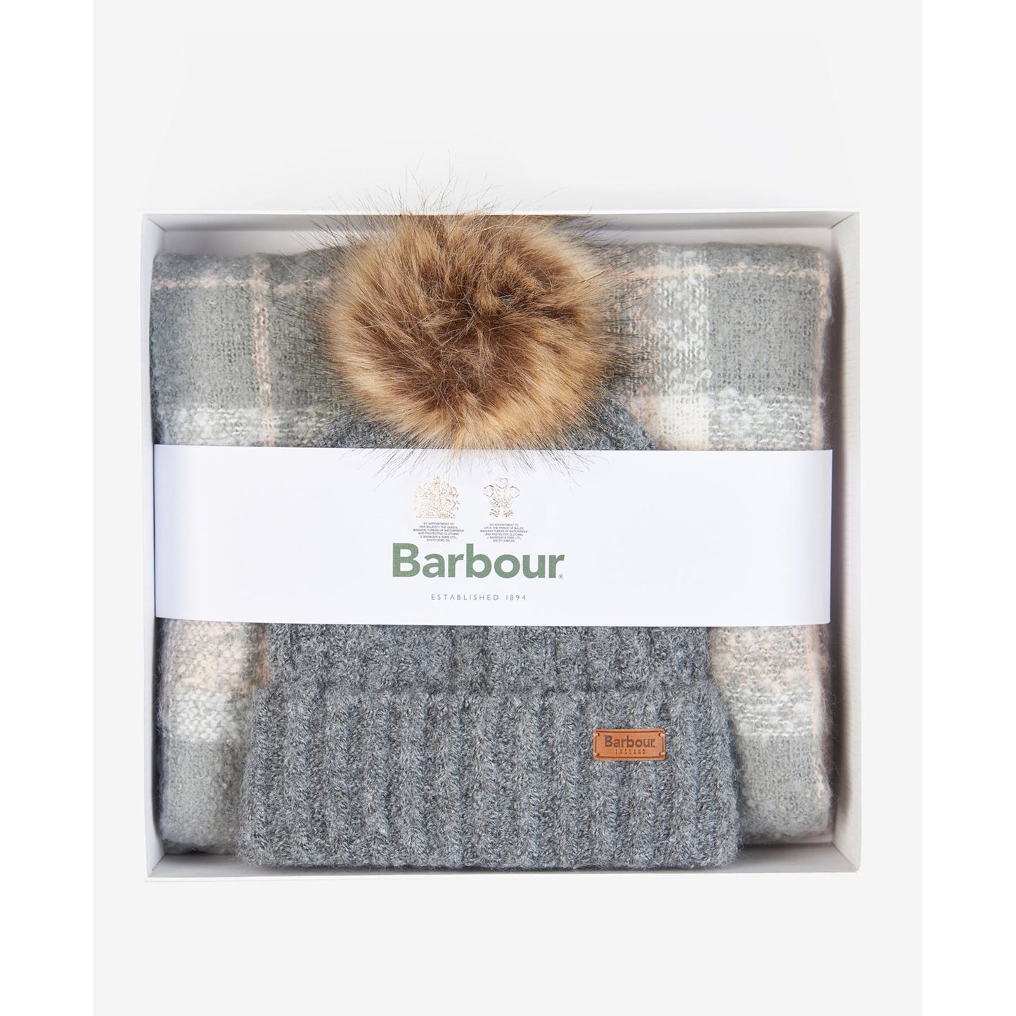 Barbour Saltburn Beanie & Tartan Scarf Set Grey Rose