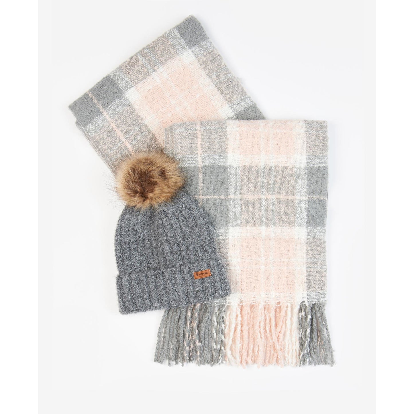 Barbour Saltburn Beanie & Tartan Scarf Set Grey Rose