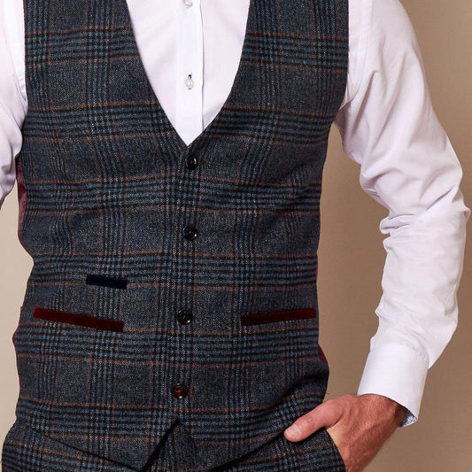 Marc Darcy Luca Navy Waistcoat Check Tweed