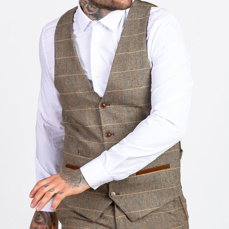 Marc Darcy Ted Tan Check Tweed Waistcoat