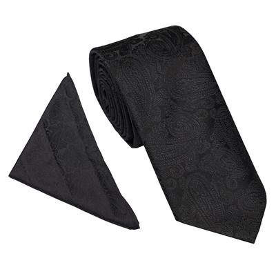 Wallace Wedding Paisley Black Tie & Hankerchief Set