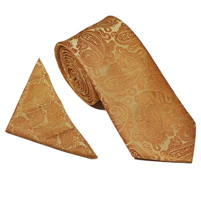 Wallace Wedding Paisley Rich Gold Tie & Hankerchief Set