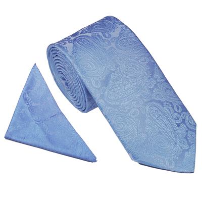 Wallace Wedding Paisley Baby Blue Tie & Hankerchief Set
