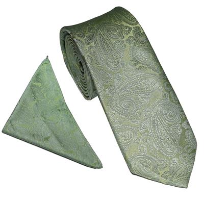 Wallace Wedding Paisley Sage Tie & Hankerchief Set