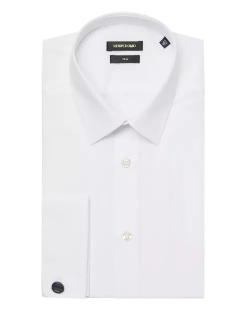 Remus Uomo 18600D 01 Tapered Fit Double Cuff White Long Sleeve Dress Shirt