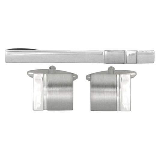 Wallace Plain Shiny & Brushed Rhodium Rectangle Cufflink And Tie Slide Set