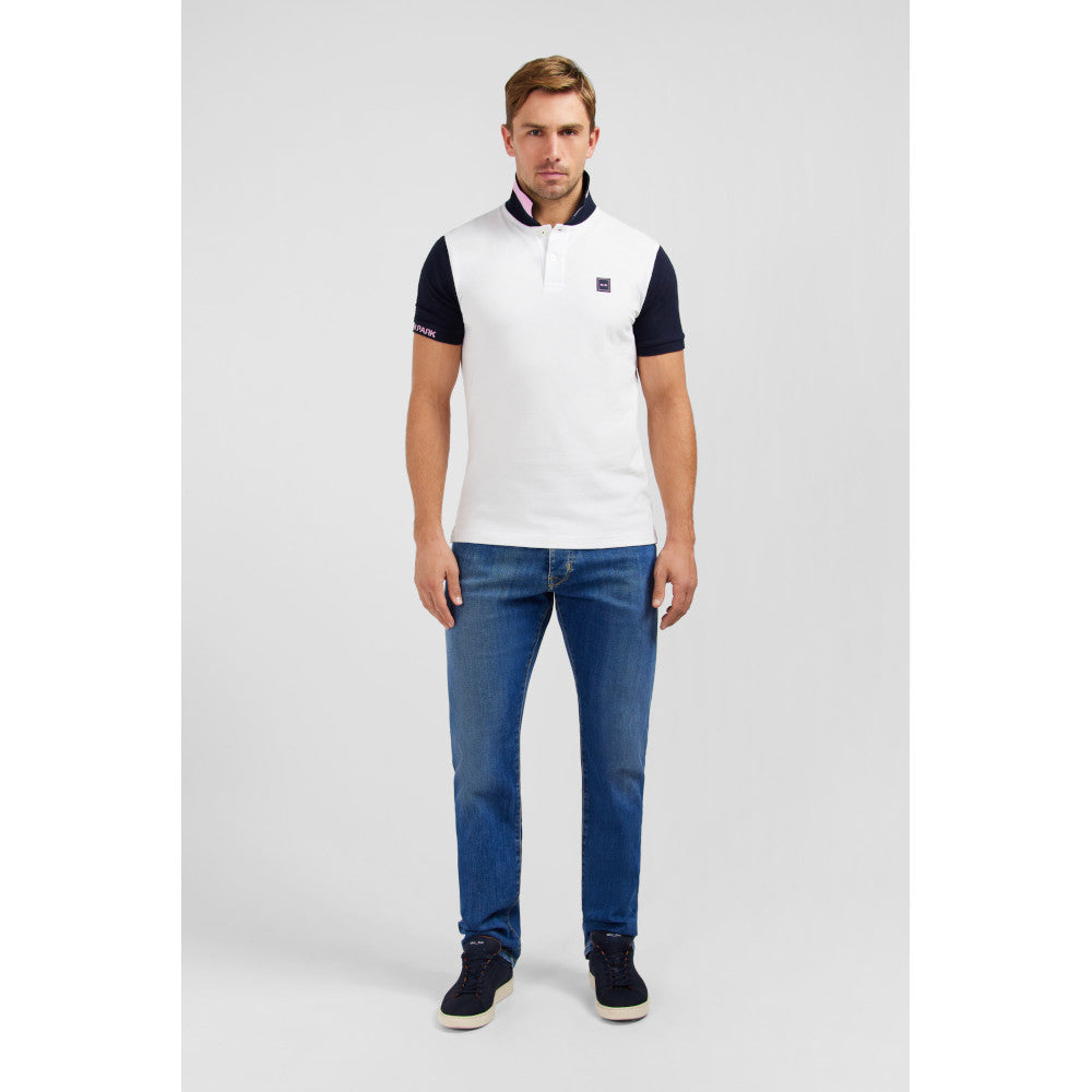 Eden Park White Short-Sleeved Polo Shirt With Navy Sleeves