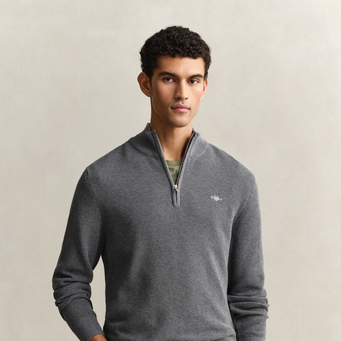 Gant 8030292 92 Dark Grey Melange Micro Textured Cotton Half Zip