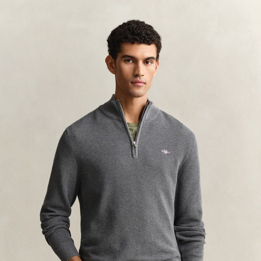 Gant 8030292 92 Dark Grey Melange Micro Textured Cotton Half Zip