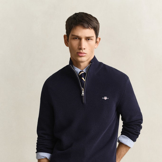 Gant 8030292 433 Evening Blue Micro Textured Cotton Half Zip