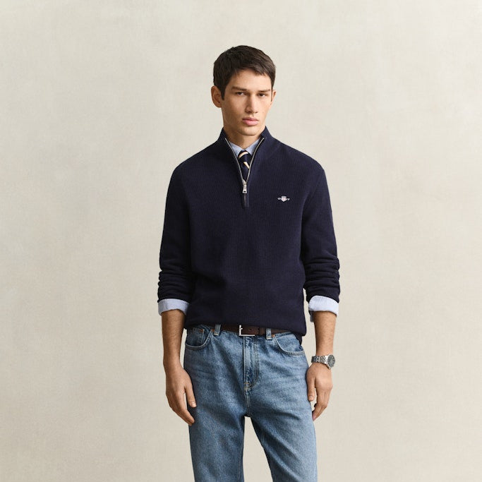 Gant 8030292 433 Evening Blue Micro Textured Cotton Half Zip