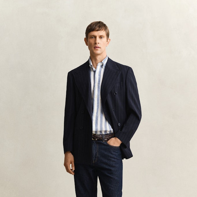 Gant 3260020 442 Reg Cotton Linen Stripe SS Vintage Blue Shirt