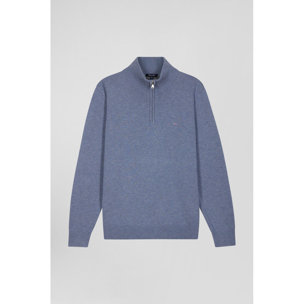 Eden Park Regular Light Blue Semi-Zipped Wool And Cotton Jumper