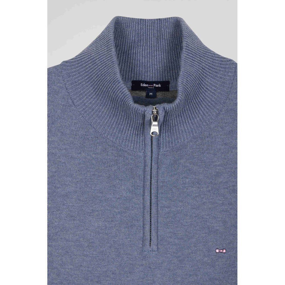 Eden Park Regular Light Blue Semi-Zipped Wool And Cotton Jumper