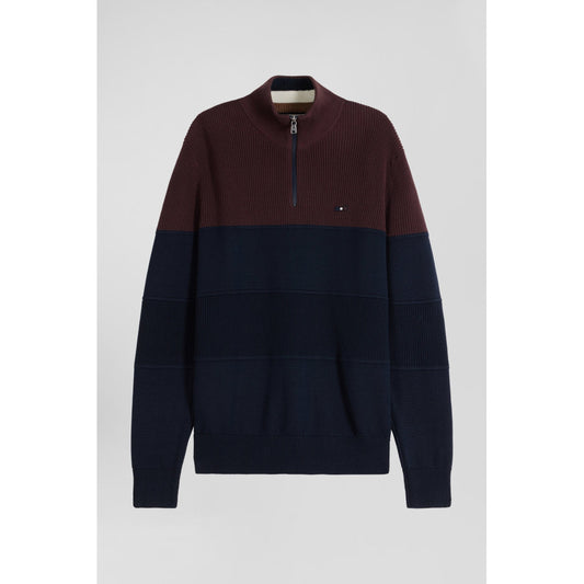 Eden Park Regular Burgundy Cotton Semi-Zipped Jumper With Knit Patterns