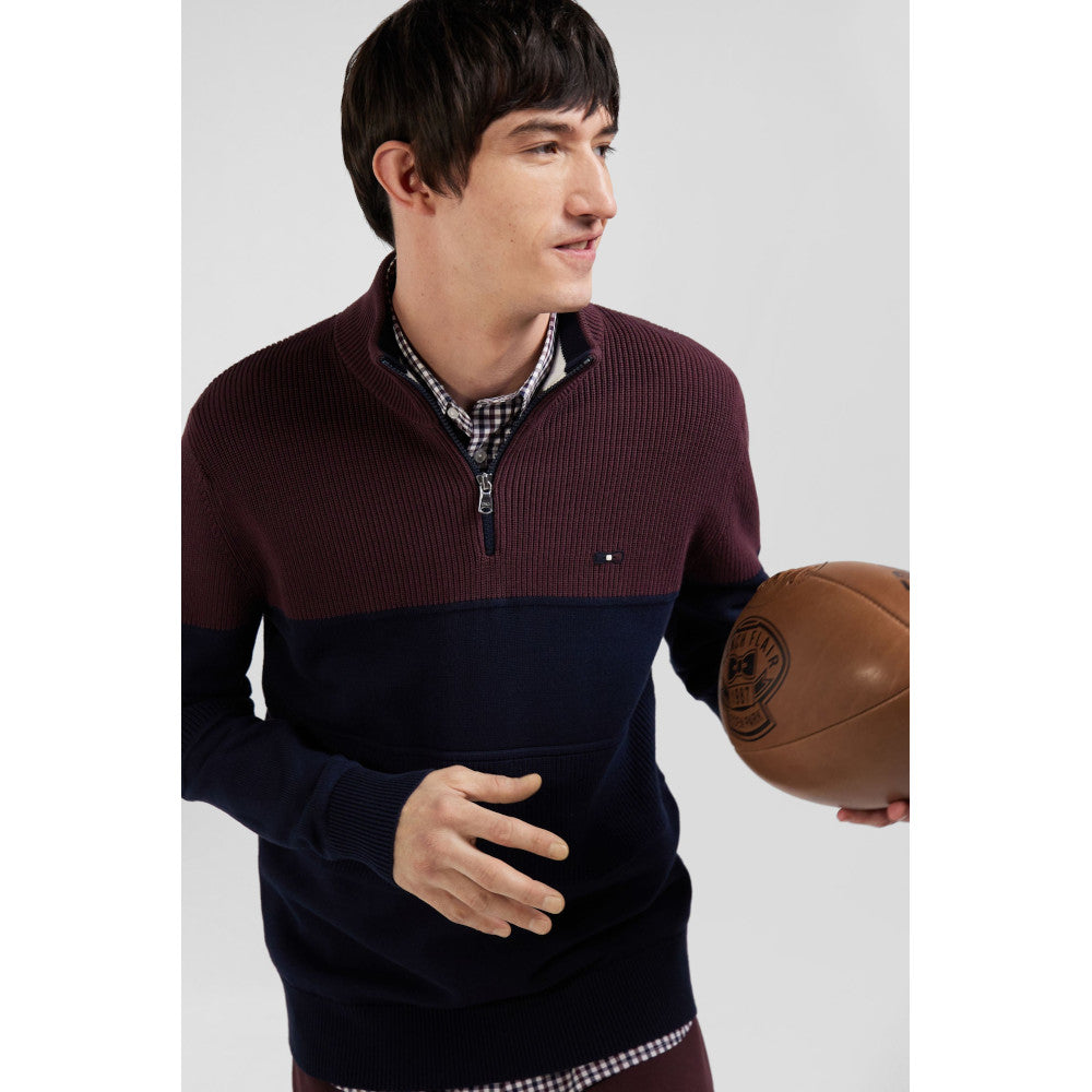 Eden Park Regular Burgundy Cotton Semi-Zipped Jumper With Knit Patterns