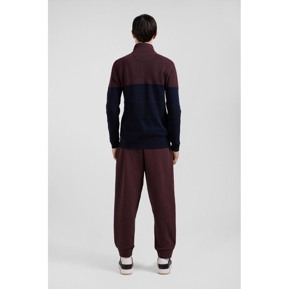 Eden Park Regular Burgundy Cotton Semi-Zipped Jumper With Knit Patterns