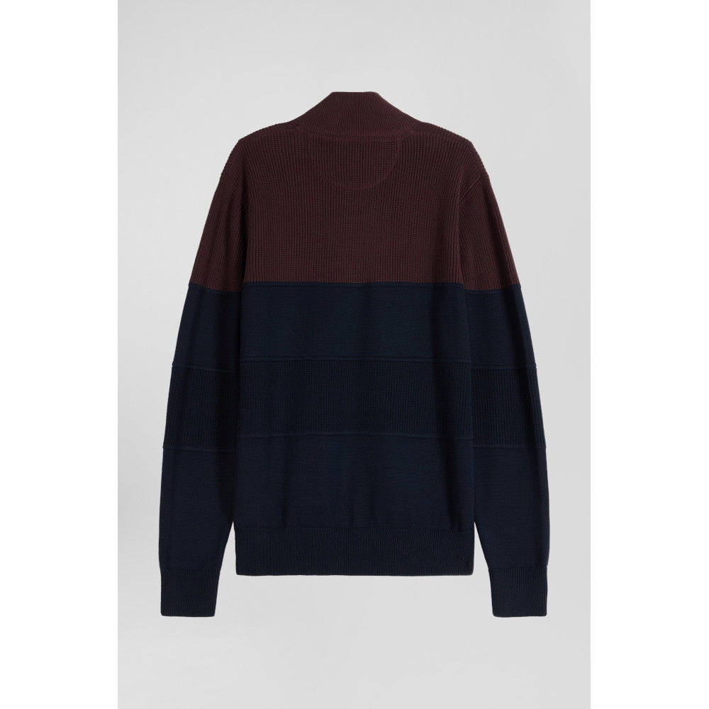 Eden Park Regular Burgundy Cotton Semi-Zipped Jumper With Knit Patterns