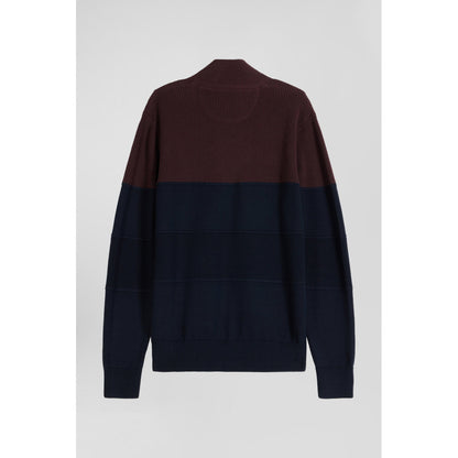 Eden Park Regular Burgundy Cotton Semi-Zipped Jumper With Knit Patterns