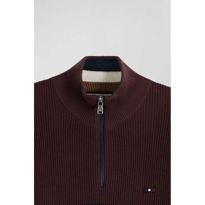 Eden Park Regular Burgundy Cotton Semi-Zipped Jumper With Knit Patterns