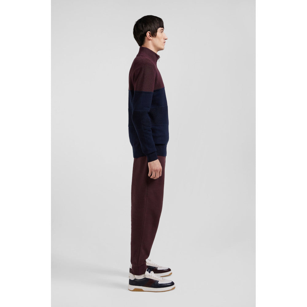 Eden Park Regular Burgundy Cotton Semi-Zipped Jumper With Knit Patterns