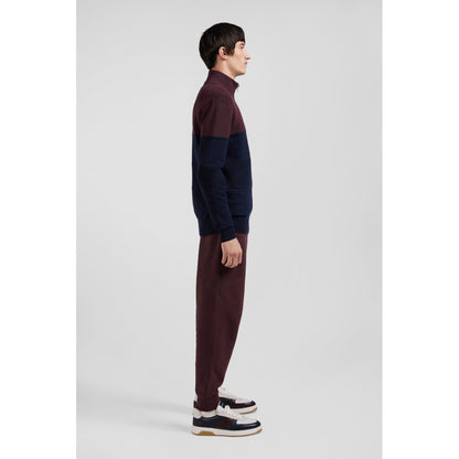 Eden Park Regular Burgundy Cotton Semi-Zipped Jumper With Knit Patterns