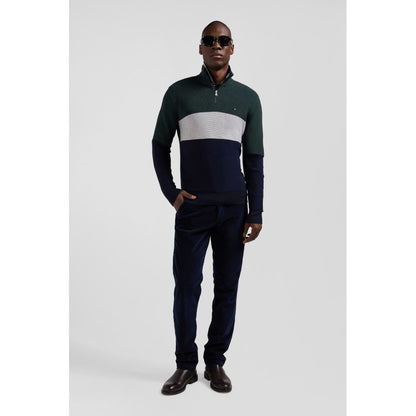 Eden Park Regular Green Semi-Zipped Cotton Jumper With Knit Patterns