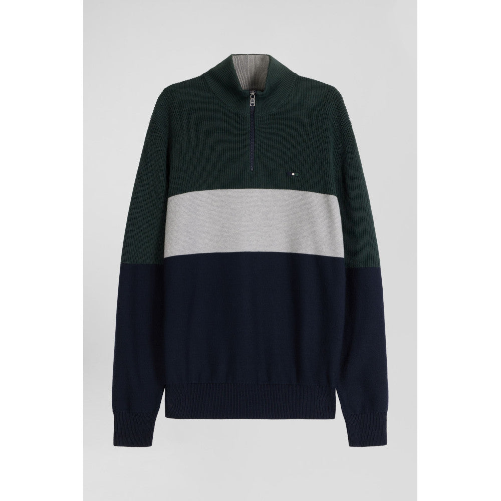 Eden Park Regular Green Semi-Zipped Cotton Jumper With Knit Patterns