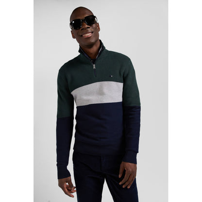 Eden Park Regular Green Semi-Zipped Cotton Jumper With Knit Patterns