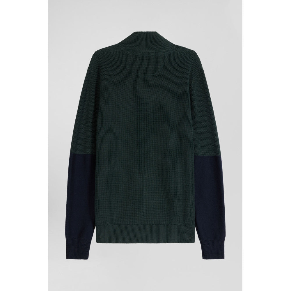 Eden Park Regular Green Semi-Zipped Cotton Jumper With Knit Patterns