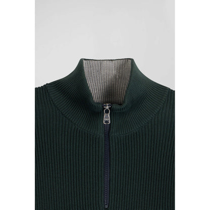 Eden Park Regular Green Semi-Zipped Cotton Jumper With Knit Patterns