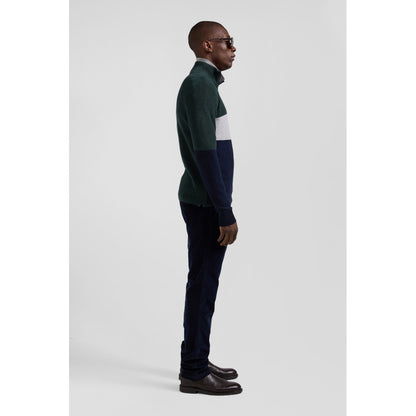 Eden Park Regular Green Semi-Zipped Cotton Jumper With Knit Patterns