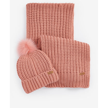 Barbour Ladies Saltburn Pink Rust Beanie And Scarf Set