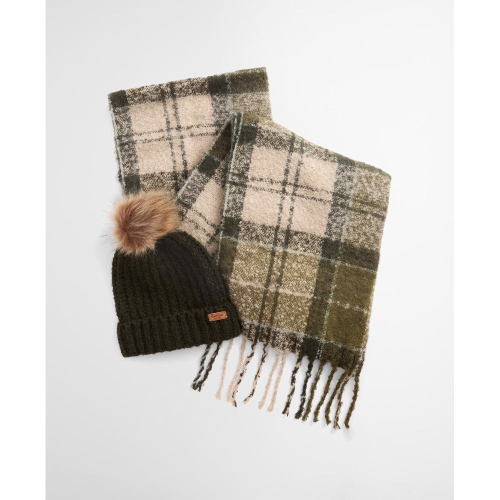 Barbour Saltburn Ancient Loden/Dk Green Beanie & Tartan Scarf Gift Set