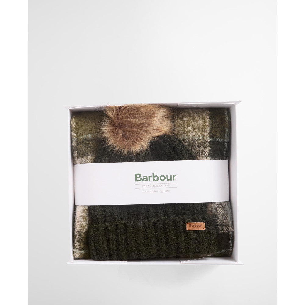 Barbour Saltburn Ancient Loden/Dk Green Beanie & Tartan Scarf Gift Set