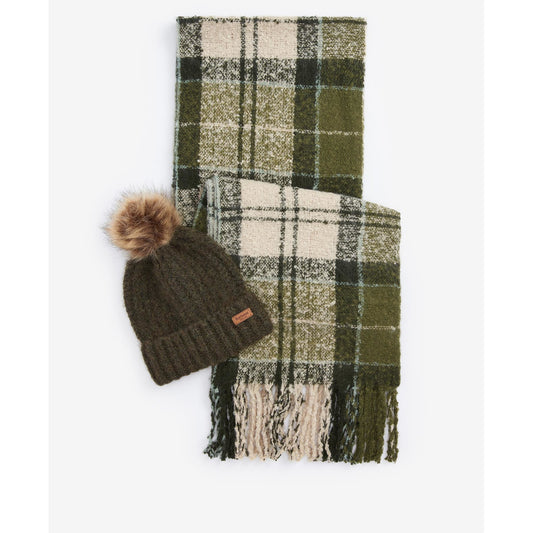 Barbour Saltburn Beanie And Tartan Ancient Loden Scarf Gift Set