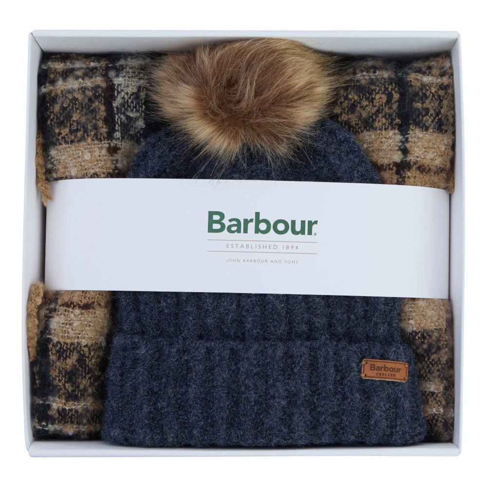 Barbour Saltburn Birchwood Beanie & Tartan Scarf Gift Set