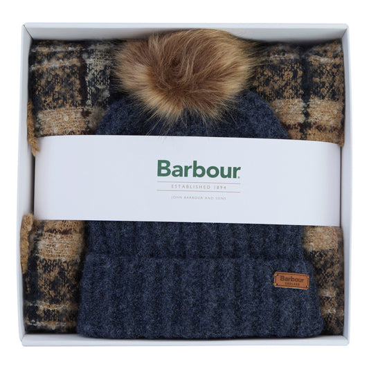 Barbour Saltburn Birchwood Beanie & Tartan Scarf Gift Set